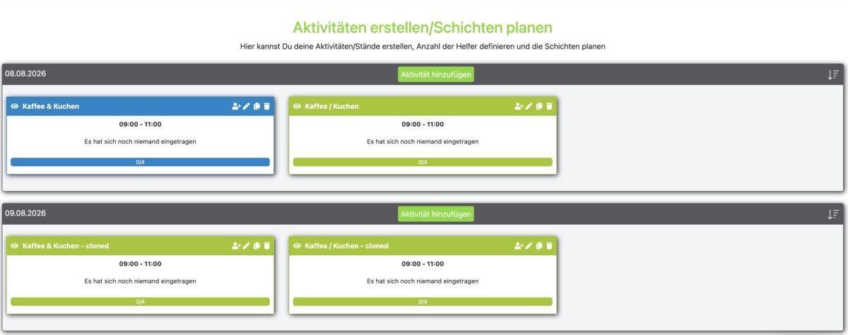 „Digitaler Helfer- und Schichtplan auf einem Computerbildschirm. Eine übersichtliche Tabelle zeigt Namen, Datum, Uhrzeit und Rollen von Freiwilligen, beispielsweise ‚Greeter‘ oder ‚Helper‘, in einem modernen, klar strukturierten Webinterface.“